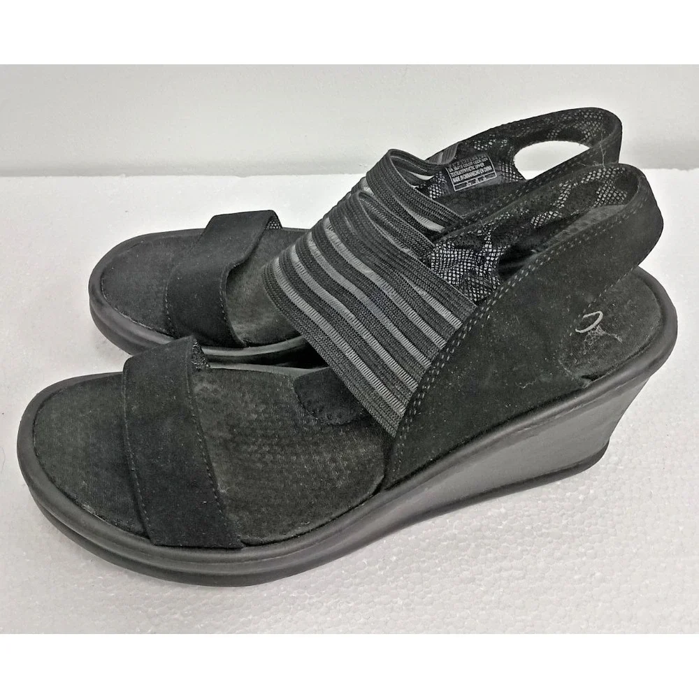Skechers Women Rumblers Sci Fi Memory Foam Wedge Sandals 7 Black Comfort Slip On